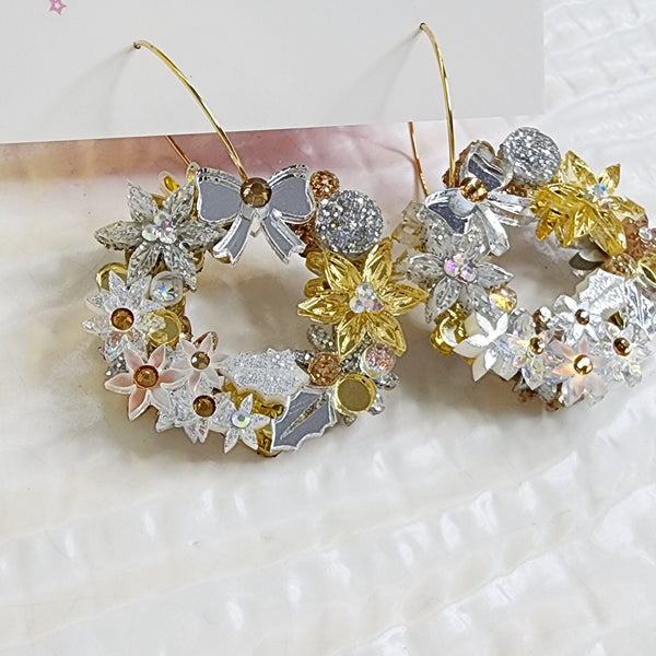 Christmas Flower Wreath Hoop Earrings - 002