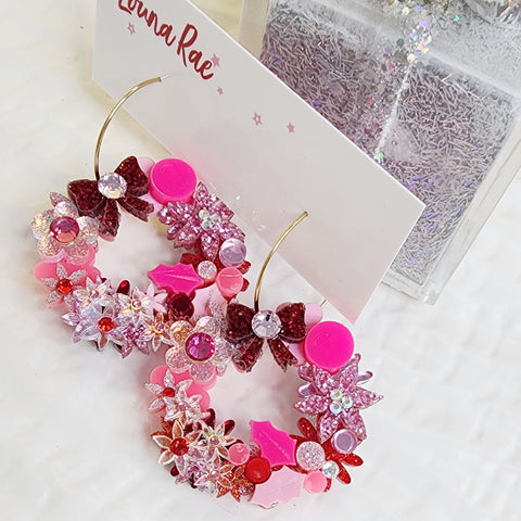 Christmas Flower Wreath Hoop Earrings - 003