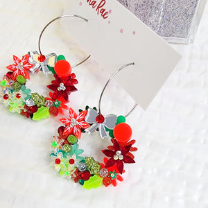 Christmas Flower Wreath Hoop Earrings - 007