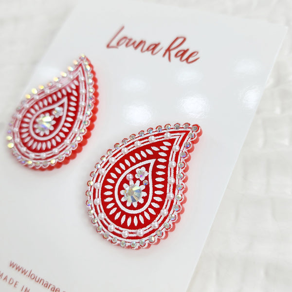 Paisley Bandana Stud Earrings - Red
