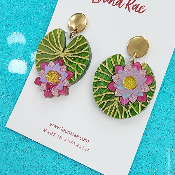 Water Lily Dangle Earrings - Pink