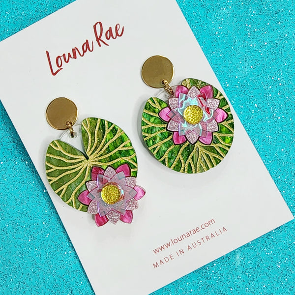 Water Lily Dangle Earrings - Pink