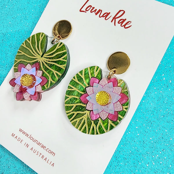 Water Lily Dangle Earrings - Pink