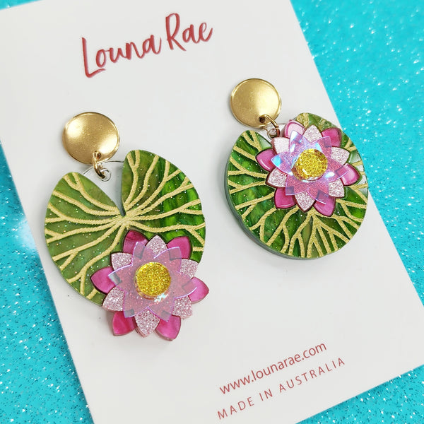 Water Lily Dangle Earrings - Pink