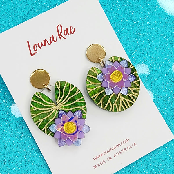Water Lily Dangle Earrings - Purple