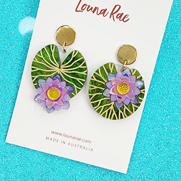 Water Lily Dangle Earrings - Purple