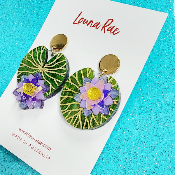 Water Lily Dangle Earrings - Purple