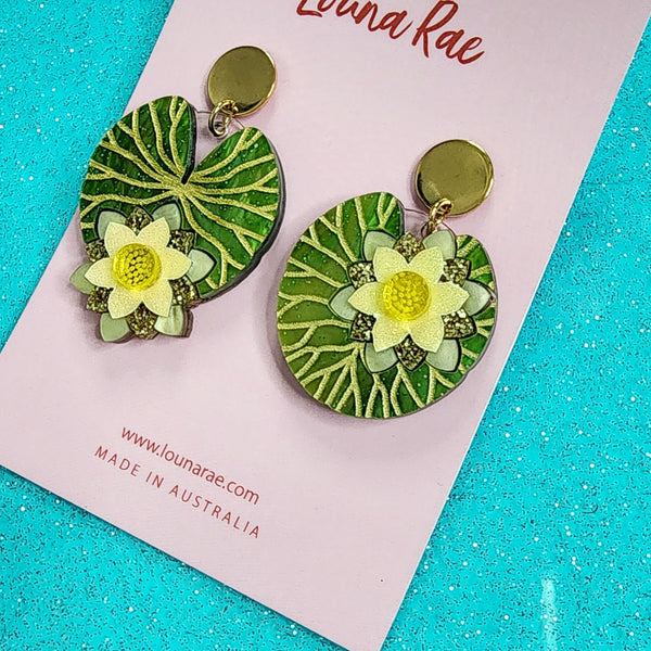 Water Lily Dangle Earrings - Yellow