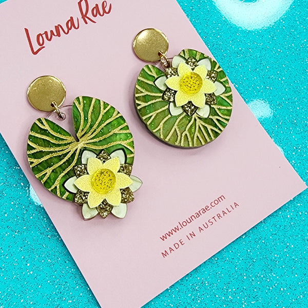 Water Lily Dangle Earrings - Yellow