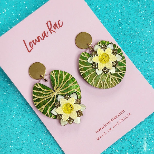 Water Lily Dangle Earrings - Yellow