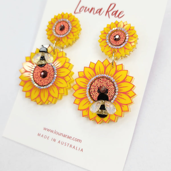 Sunflower and Bee Dangle Earrings - 001