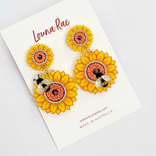 Sunflower and Bee Dangle Earrings - 001