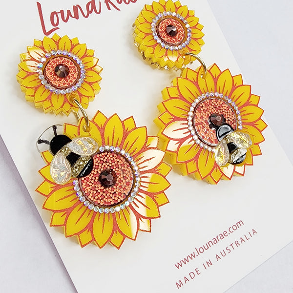 Sunflower and Bee Dangle Earrings - 001