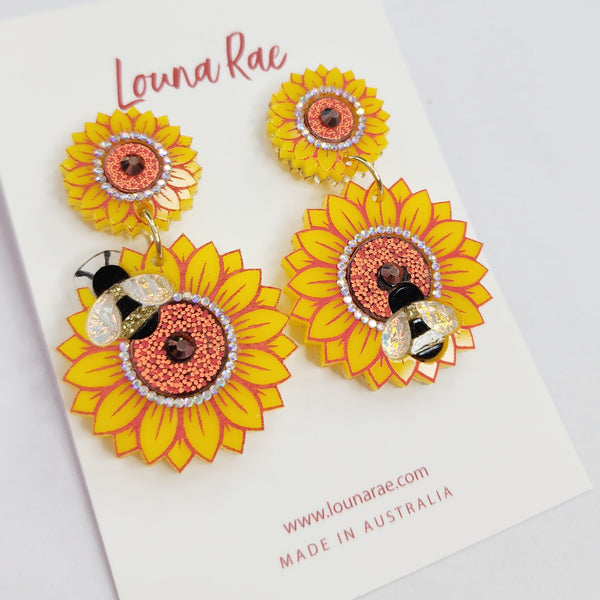 Sunflower and Bee Dangle Earrings - 001
