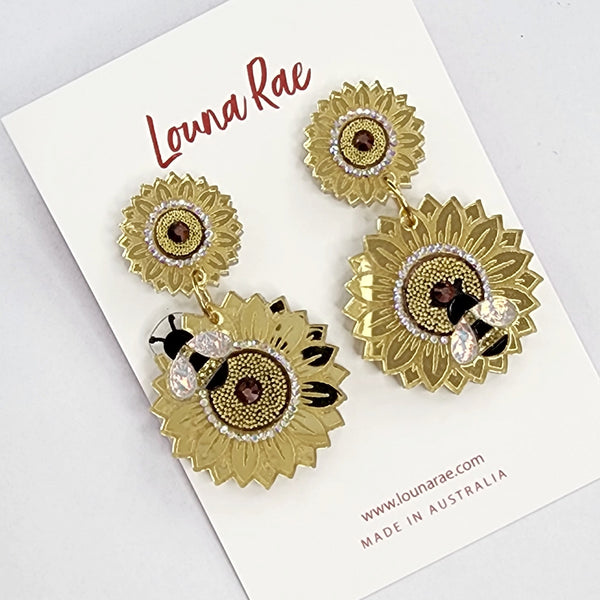 Sunflower and Bee Dangle Earrings - 002