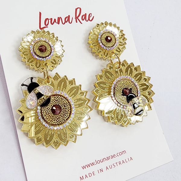 Sunflower and Bee Dangle Earrings - 002