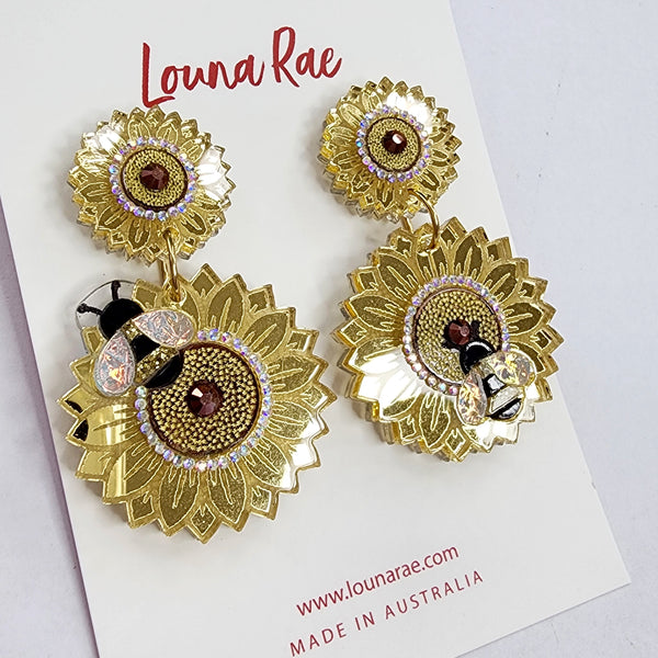 Sunflower and Bee Dangle Earrings - 002