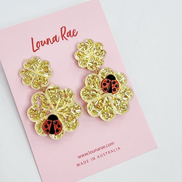 Lady Bird on Lucky Clover Dangle Earrings