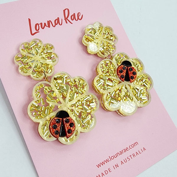 Lady Bird on Lucky Clover Dangle Earrings