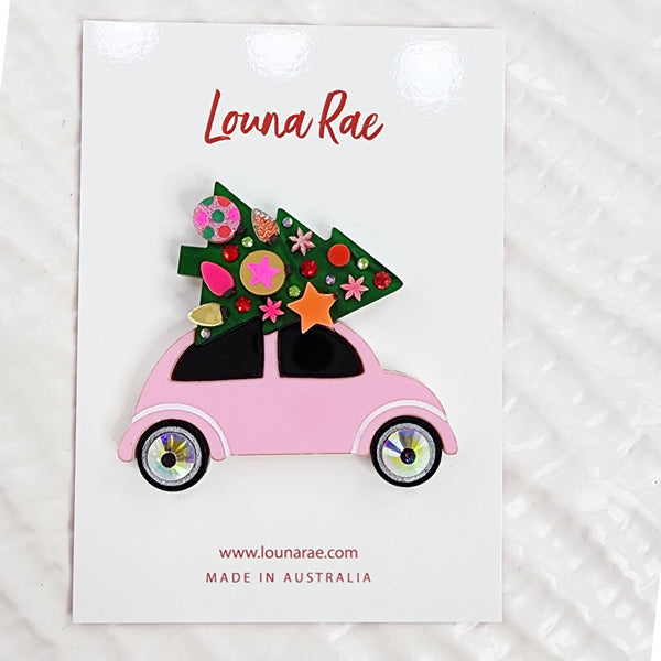 Christmas Tree on a Car Brooch - Pink