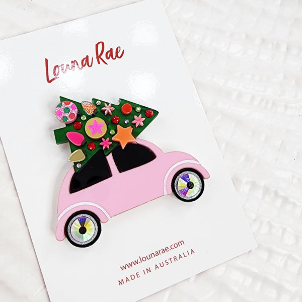 Christmas Tree on a Car Brooch - Pink