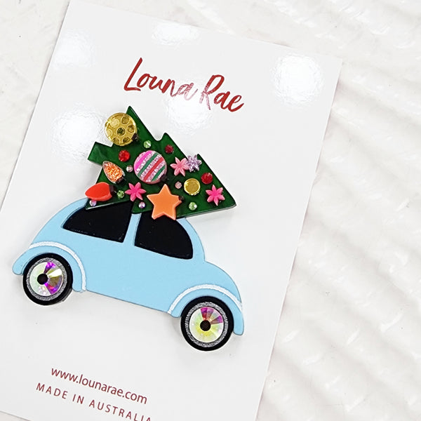 Christmas Tree on a Car Brooch - Blue