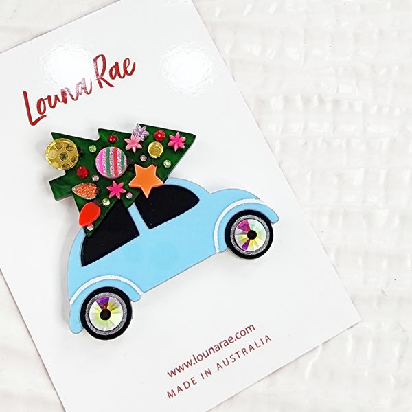 Christmas Tree on a Car Brooch - Blue