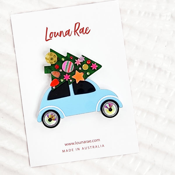 Christmas Tree on a Car Brooch - Blue