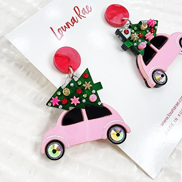 Christmas Tree on a Car Dangle Earrings - Pink
