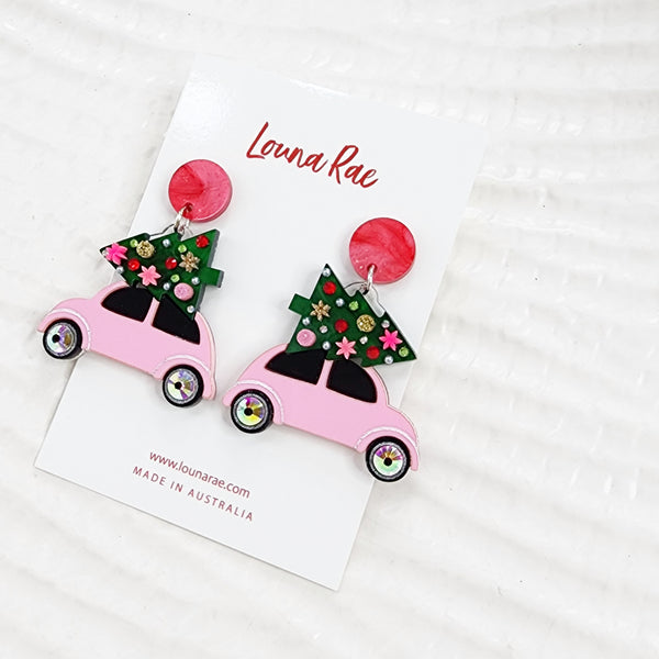 Christmas Tree on a Car Dangle Earrings - Pink