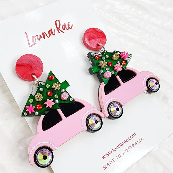 Christmas Tree on a Car Dangle Earrings - Pink