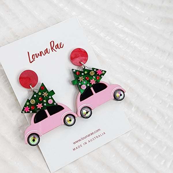 Christmas Tree on a Car Dangle Earrings - Pink