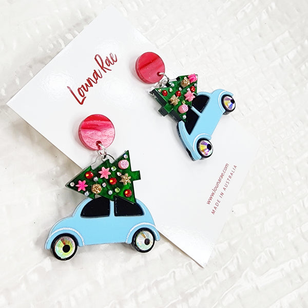 Christmas Tree on a Car Dangle Earrings - Blue