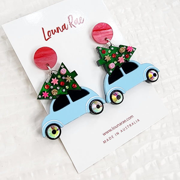Christmas Tree on a Car Dangle Earrings - Blue