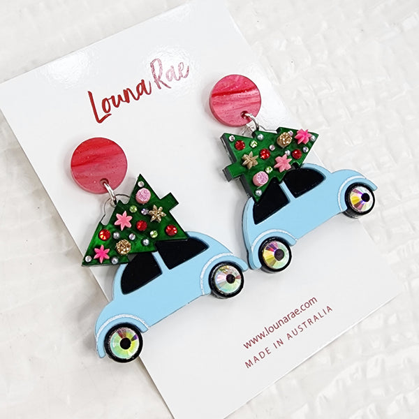 Christmas Tree on a Car Dangle Earrings - Blue