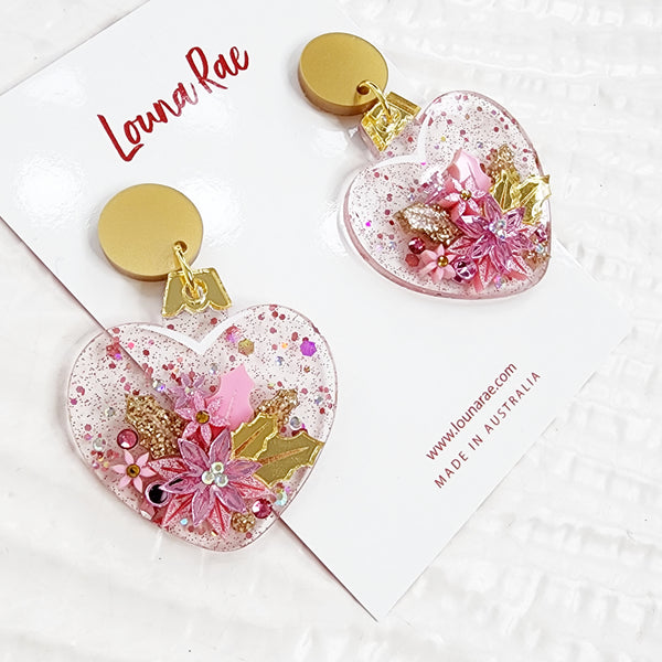 Christmas Heart Bauble Dangle Earrings