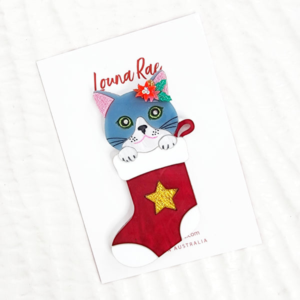 Cat in a Christmas Sock Brooch