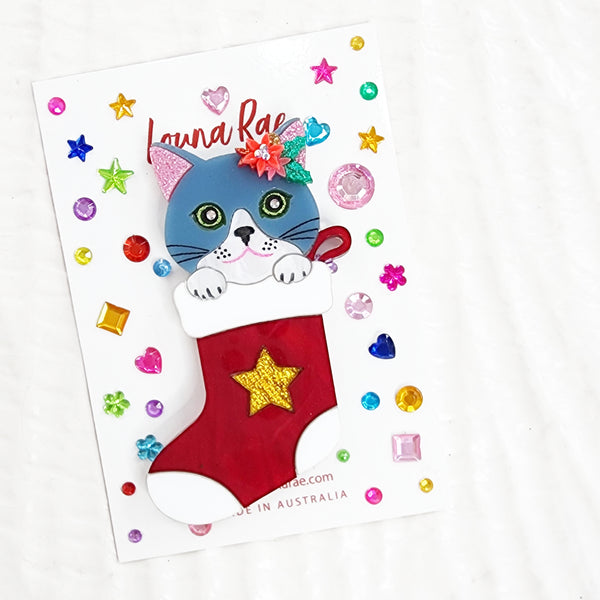 Cat in a Christmas Sock Brooch
