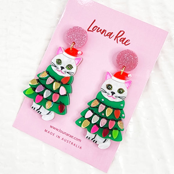 White Christmas Cat Dangle Earrings