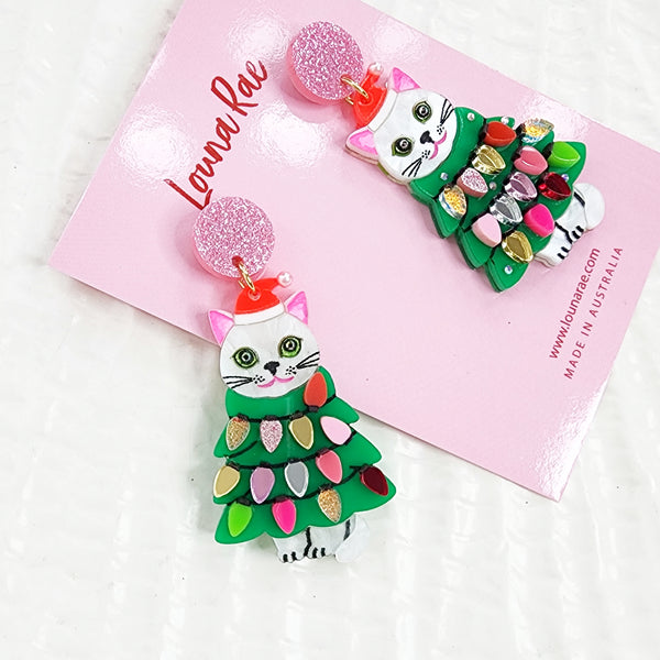 White Christmas Cat Dangle Earrings