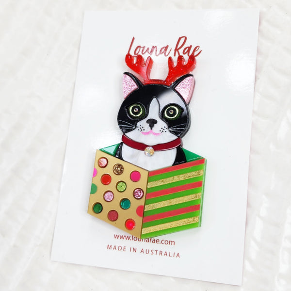 Christmas Cat in a Box Brooch
