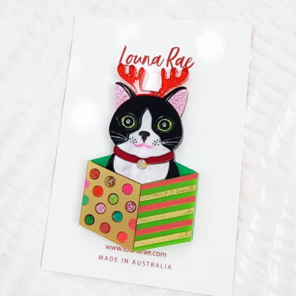 Christmas Cat in a Box Brooch