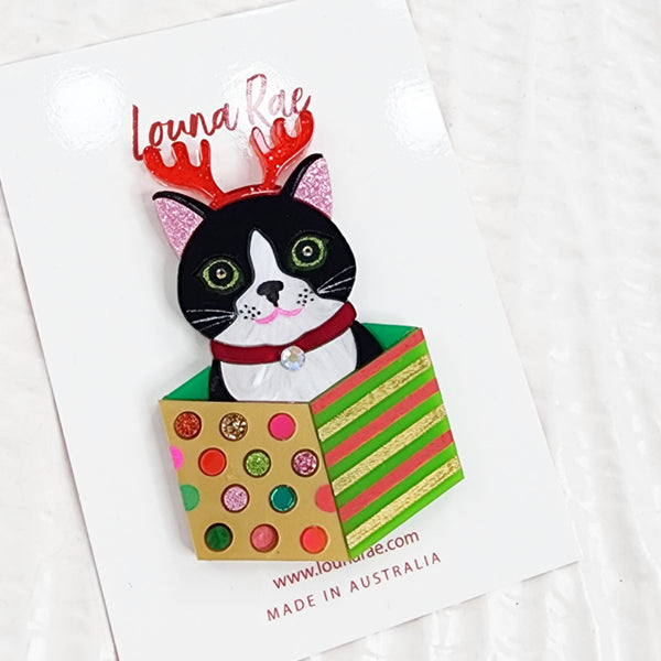 Christmas Cat in a Box Brooch