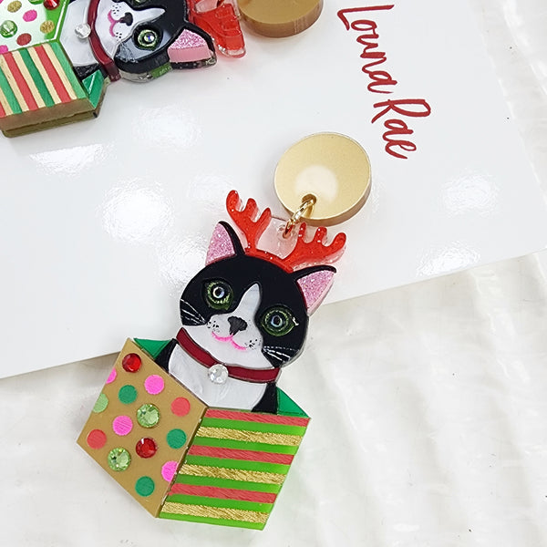 Christmas Cat in a Box Dangle Earrings