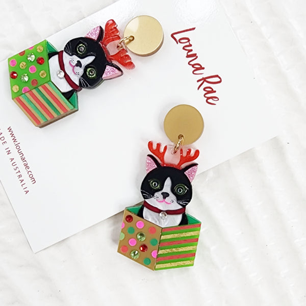 Christmas Cat in a Box Dangle Earrings
