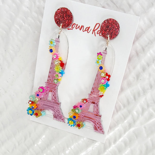 Eiffel Tower Dangle Earrings - Pink